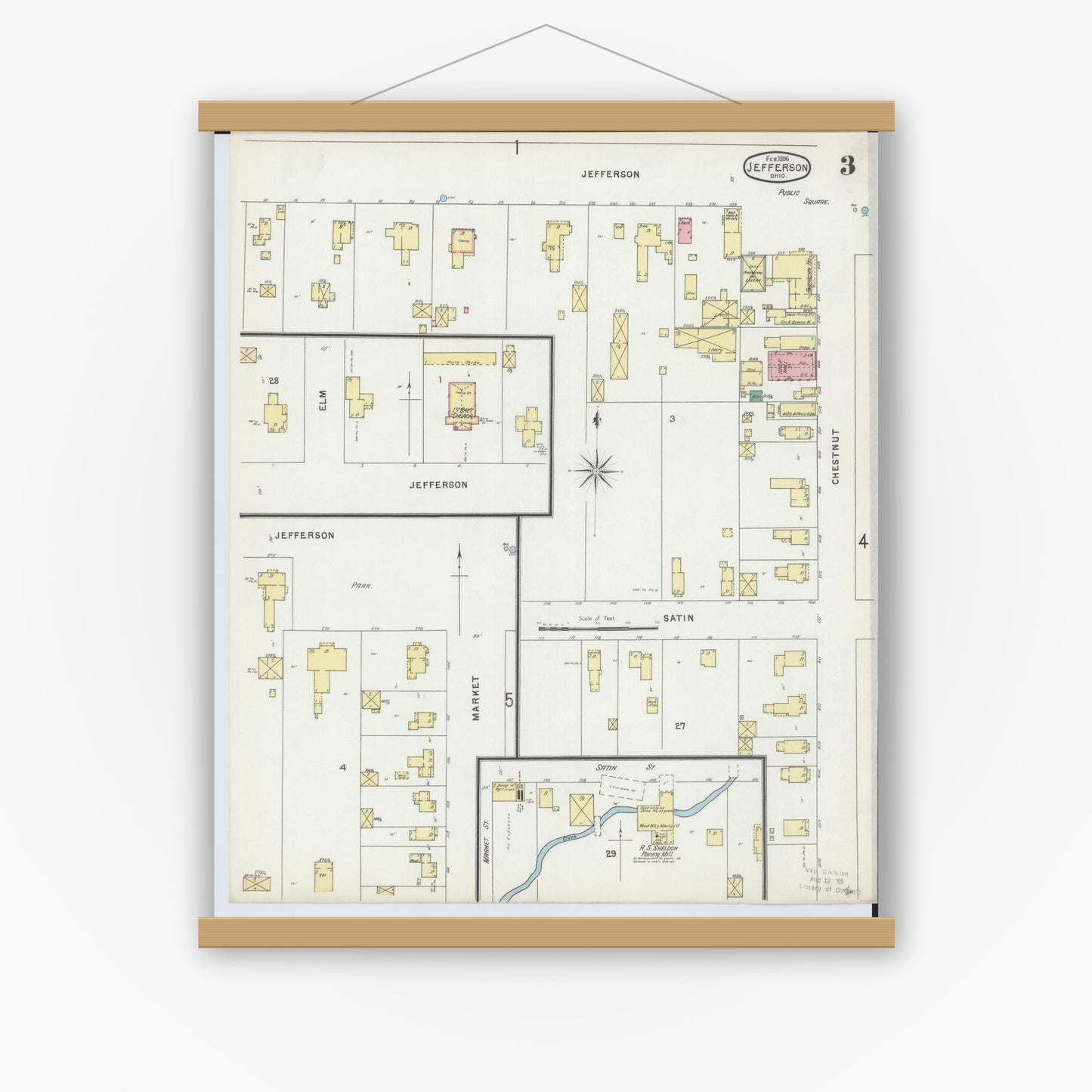 Old map wall art mockup — magnetic wood frame on white wall — Sanborn Fire Insurance Map from Jefferson, Ashtabula County, Ohio (1896), Sheet #0003