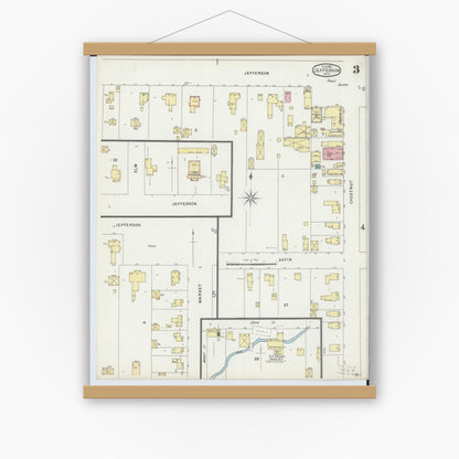 Old map wall art mockup — magnetic wood frame on white wall — Sanborn Fire Insurance Map from Jefferson, Ashtabula County, Ohio (1896), Sheet #0003