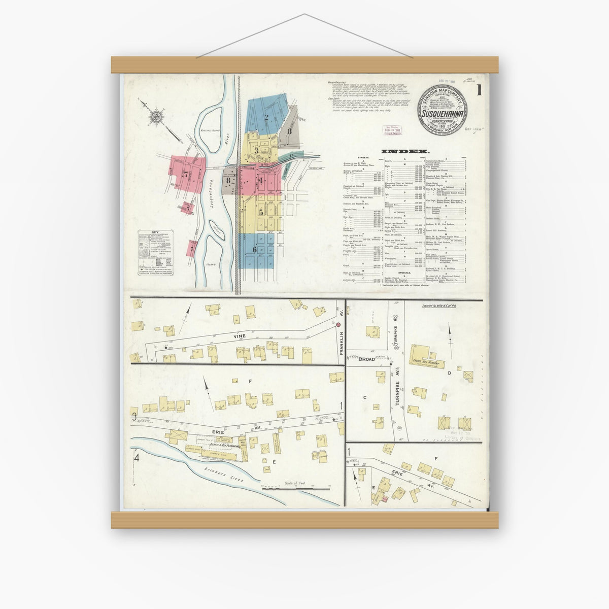 Old map wall art mockup — magnetic wood frame on white wall — Sanborn Fire Insurance Map from Susquehanna, Susquehanna County, Pennsylvania (1911), Sheet #0001