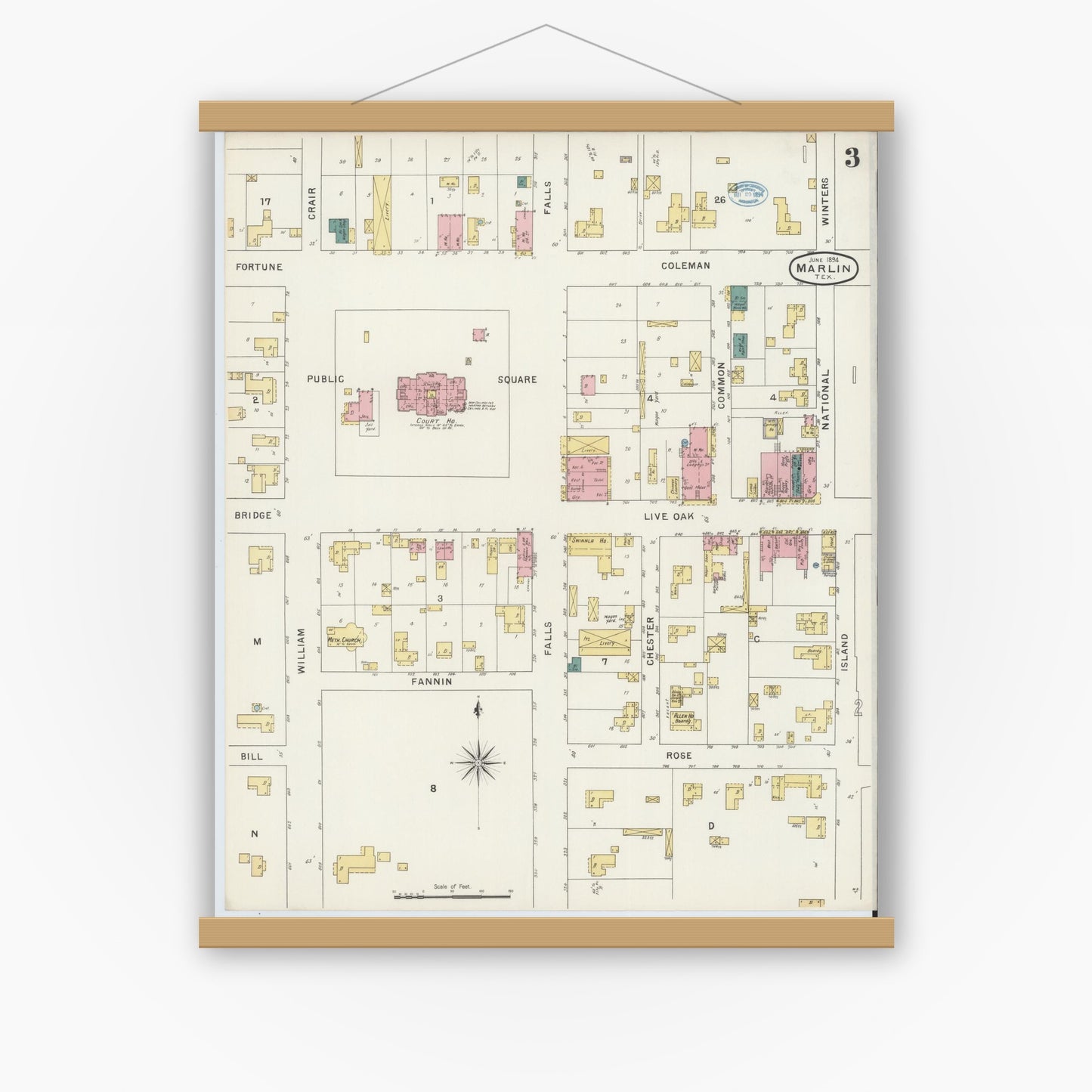 Old map wall art mockup — magnetic wood frame on white wall — Sanborn Fire Insurance Map from Marlin, Falls County, Texas (1894), Sheet #0003
