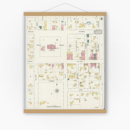 Old map wall art mockup — magnetic wood frame on white wall — Sanborn Fire Insurance Map from Marlin, Falls County, Texas (1894), Sheet #0003