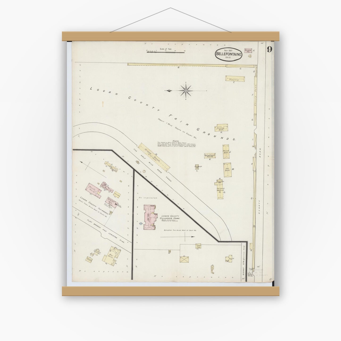 Old map wall art mockup — magnetic wood frame on white wall — Sanborn Fire Insurance Map from Bellefontaine, Logan County, Ohio (1887), Sheet #0009