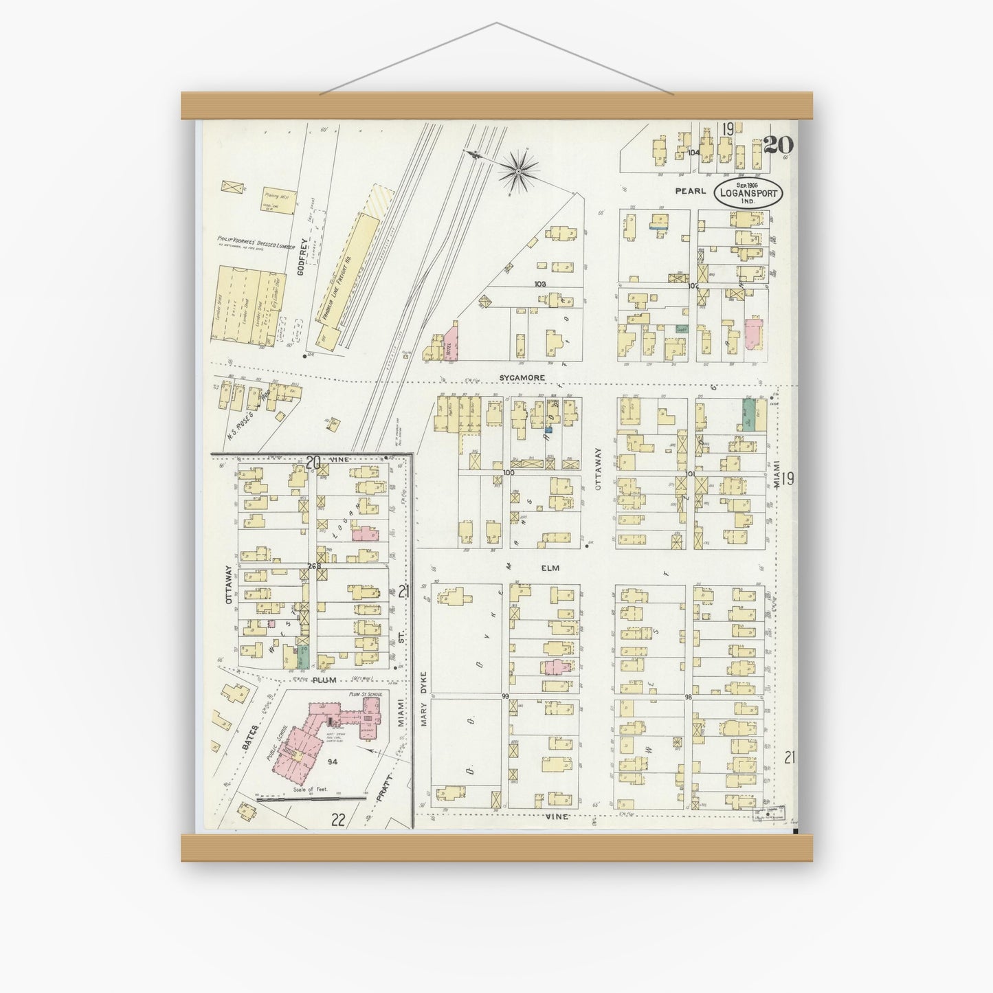 Old map wall art mockup — magnetic wood frame on white wall — Sanborn Fire Insurance Map from Logansport, Cass County, Indiana (1906), Sheet #0020