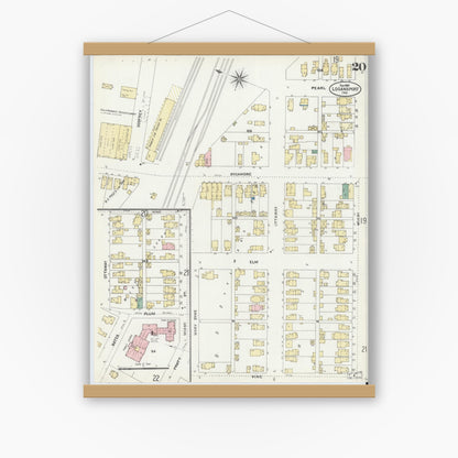 Old map wall art mockup — magnetic wood frame on white wall — Sanborn Fire Insurance Map from Logansport, Cass County, Indiana (1906), Sheet #0020