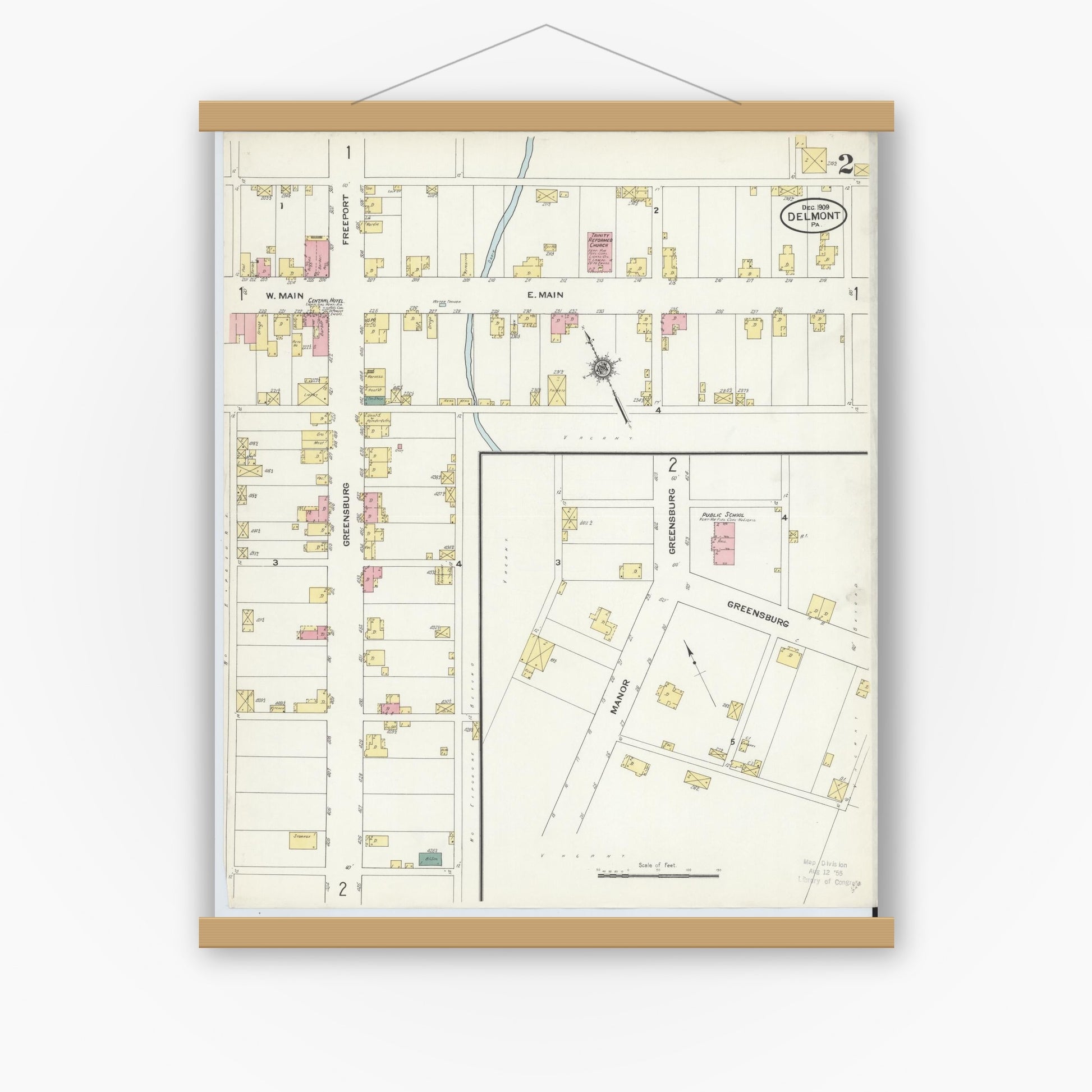 Old map wall art mockup — magnetic wood frame on white wall — Sanborn Fire Insurance Map from Delmont, Westmoreland County, Pennsylvania (1909), Sheet #0002