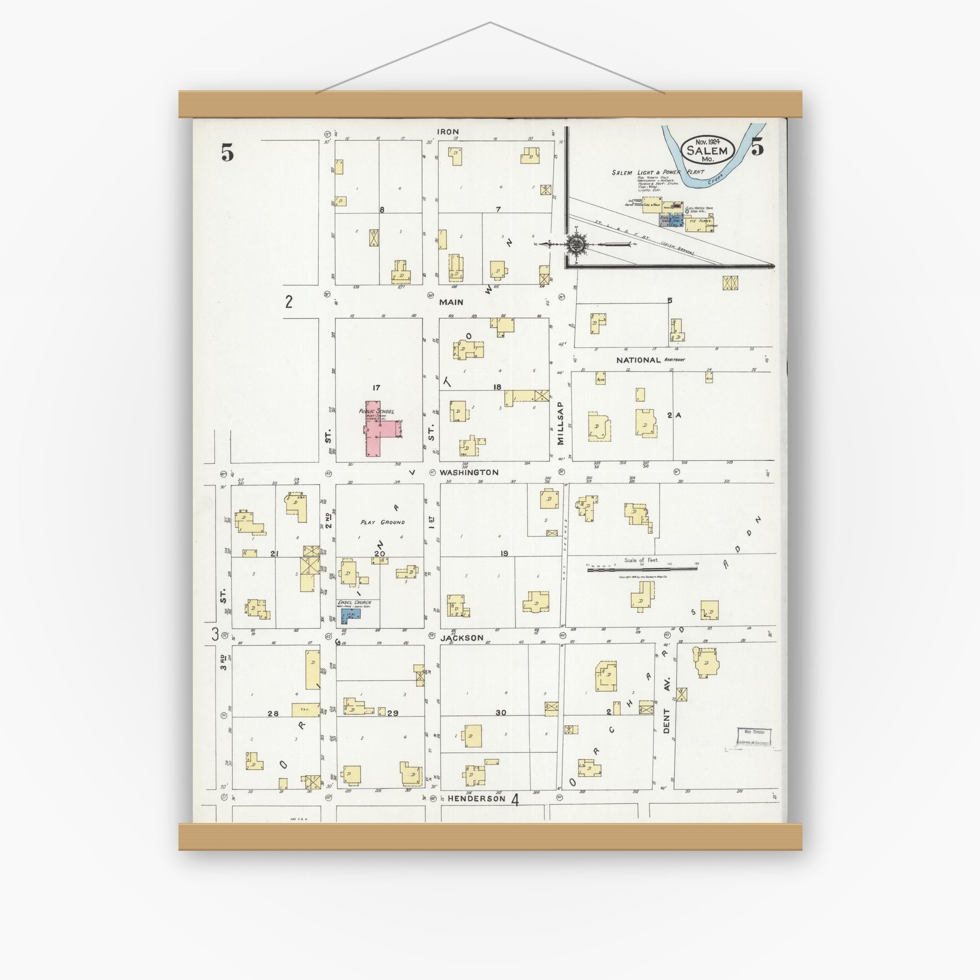 Old map wall art mockup — magnetic wood frame on white wall — Sanborn Fire Insurance Map from Salem, Dent County, Missouri (1924), Sheet #0005