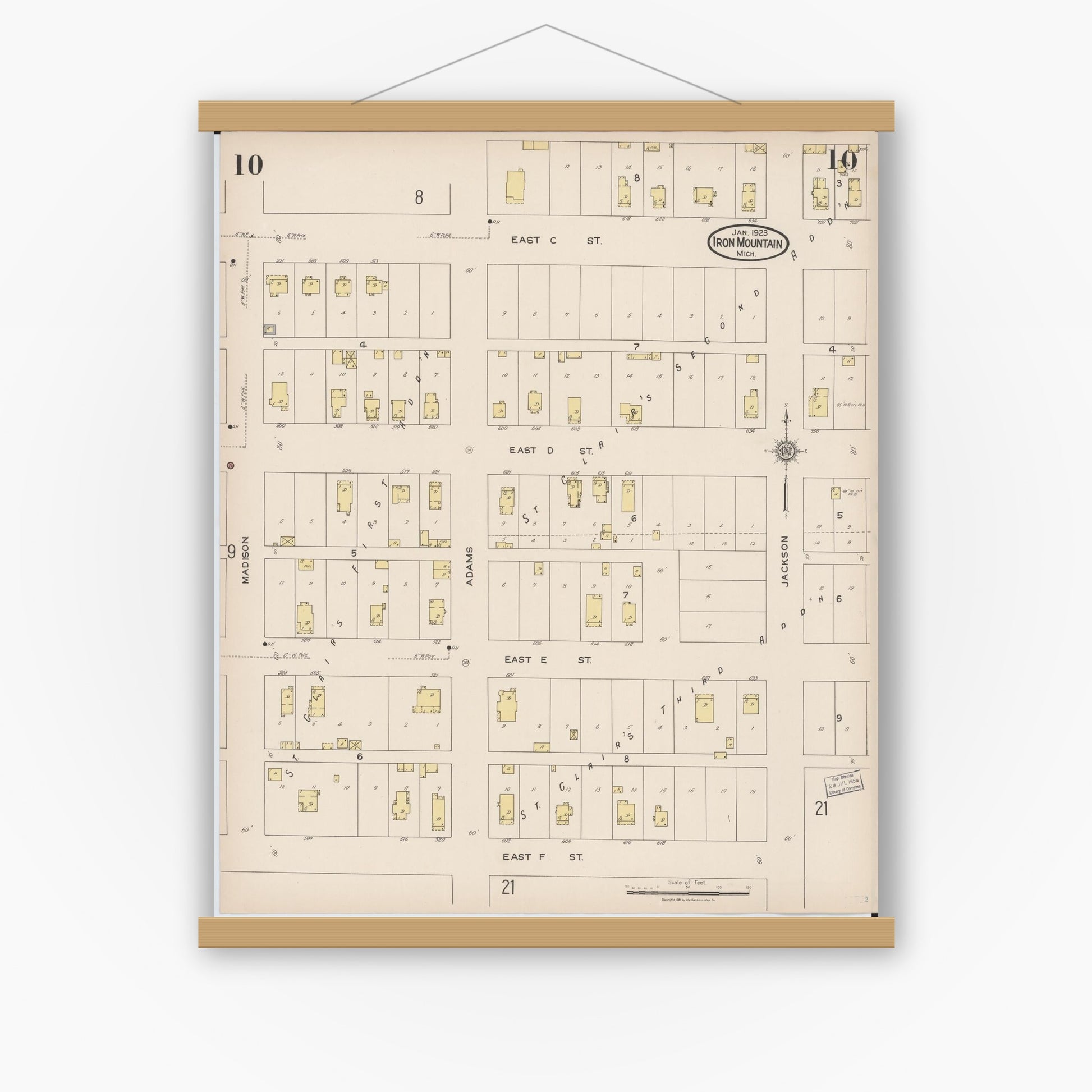 Old map wall art mockup — magnetic wood frame on white wall — Sanborn Fire Insurance Map from Iron Mountain, Dickinson County, Michigan (1923), Sheet #0010
