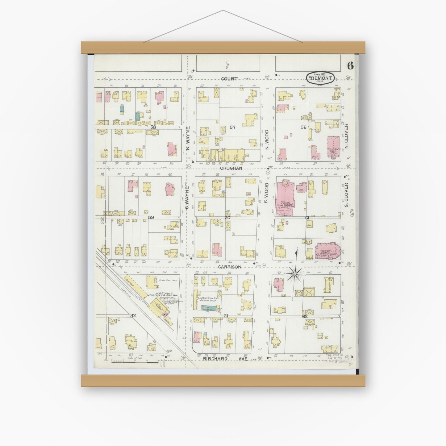 Old map wall art mockup — magnetic wood frame on white wall — Sanborn Fire Insurance Map from Fremont, Sandusky County, Ohio (1893), Sheet #0006