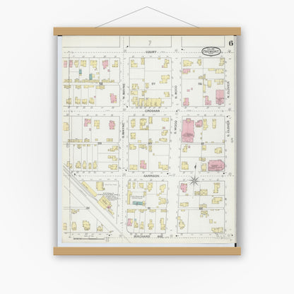 Old map wall art mockup — magnetic wood frame on white wall — Sanborn Fire Insurance Map from Fremont, Sandusky County, Ohio (1893), Sheet #0006