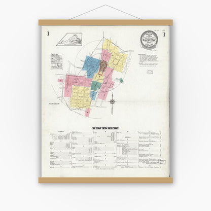 Old map wall art mockup — magnetic wood frame on white wall — Sanborn Fire Insurance Map from Blackstone, Nottoway County, Virginia (1925), Sheet #0001