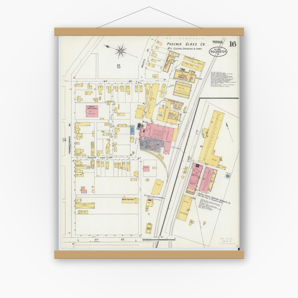 Old map wall art mockup — magnetic wood frame on white wall — Sanborn Fire Insurance Map from Rochester, Beaver County, Pennsylvania (1903), Sheet #0016