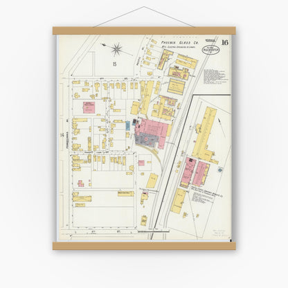 Old map wall art mockup — magnetic wood frame on white wall — Sanborn Fire Insurance Map from Rochester, Beaver County, Pennsylvania (1903), Sheet #0016