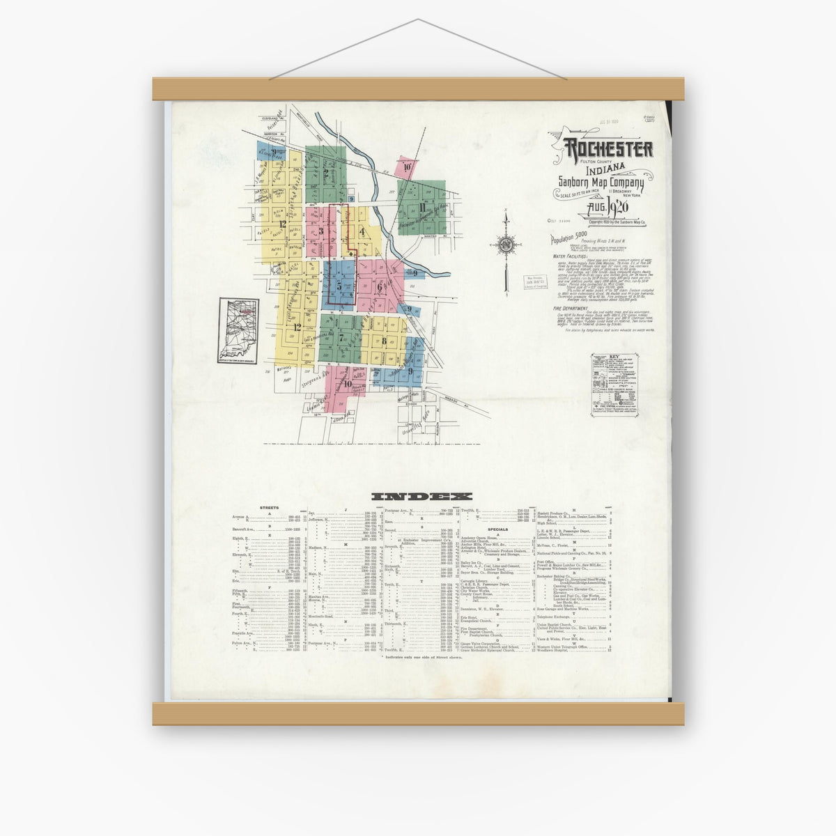 Old map wall art mockup — magnetic wood frame on white wall — Sanborn Fire Insurance Map from Rochester, Fulton County, Indiana (1920), Sheet #0001