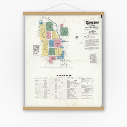 Old map wall art mockup — magnetic wood frame on white wall — Sanborn Fire Insurance Map from Rochester, Fulton County, Indiana (1920), Sheet #0001