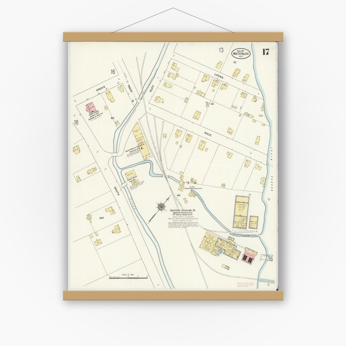 Old map wall art mockup — magnetic wood frame on white wall — Sanborn Fire Insurance Map from Waterloo, Seneca County, New York (1911), Sheet #0017