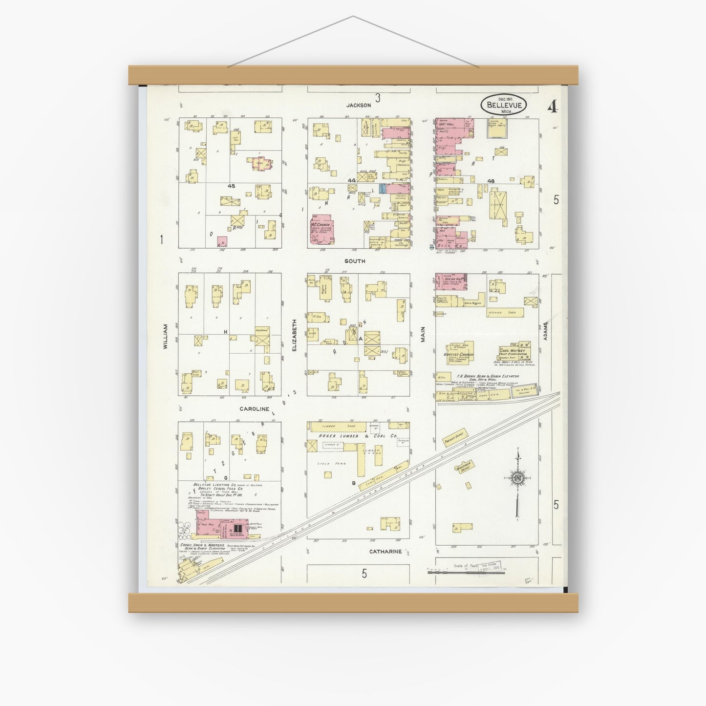 Old map wall art mockup — magnetic wood frame on white wall — Sanborn Fire Insurance Map from Bellevue, Eaton County, Michigan (1911), Sheet #0004
