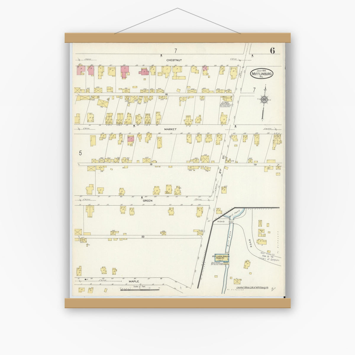 Old map wall art mockup — magnetic wood frame on white wall — Sanborn Fire Insurance Map from Mifflinburg, Union County, Pennsylvania (1913), Sheet #0006