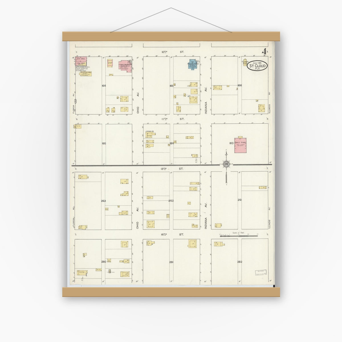 Old map wall art mockup — magnetic wood frame on white wall — Sanborn Fire Insurance Map from Saint Cloud, Osceola County, Florida (1915), Sheet #0004