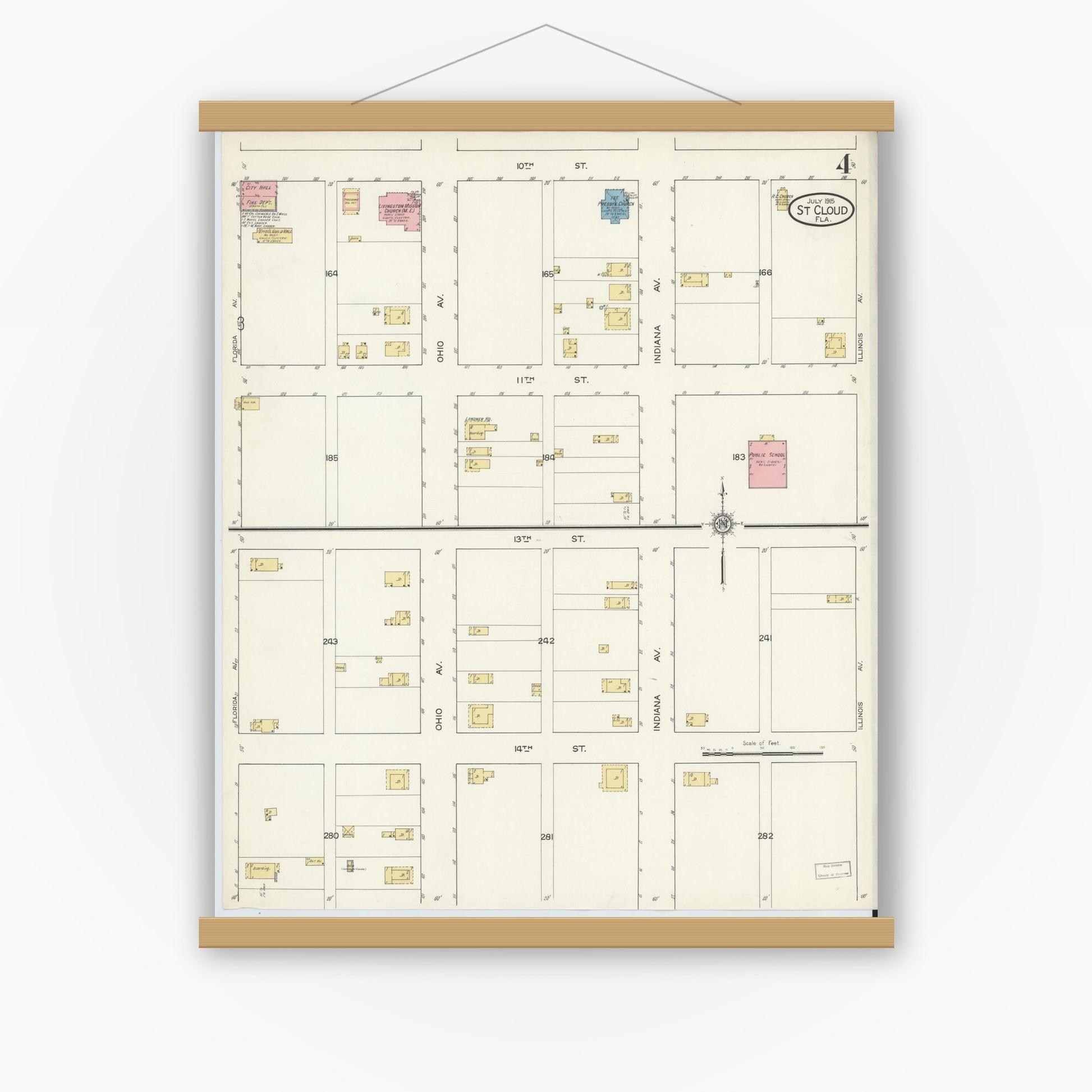 Old map wall art mockup — magnetic wood frame on white wall — Sanborn Fire Insurance Map from Saint Cloud, Osceola County, Florida (1915), Sheet #0004