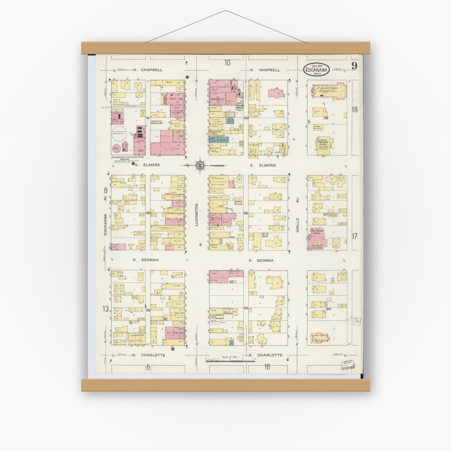 Old map wall art mockup — magnetic wood frame on white wall — Sanborn Fire Insurance Map from Escanaba, Delta County, Michigan (1913), Sheet #0009