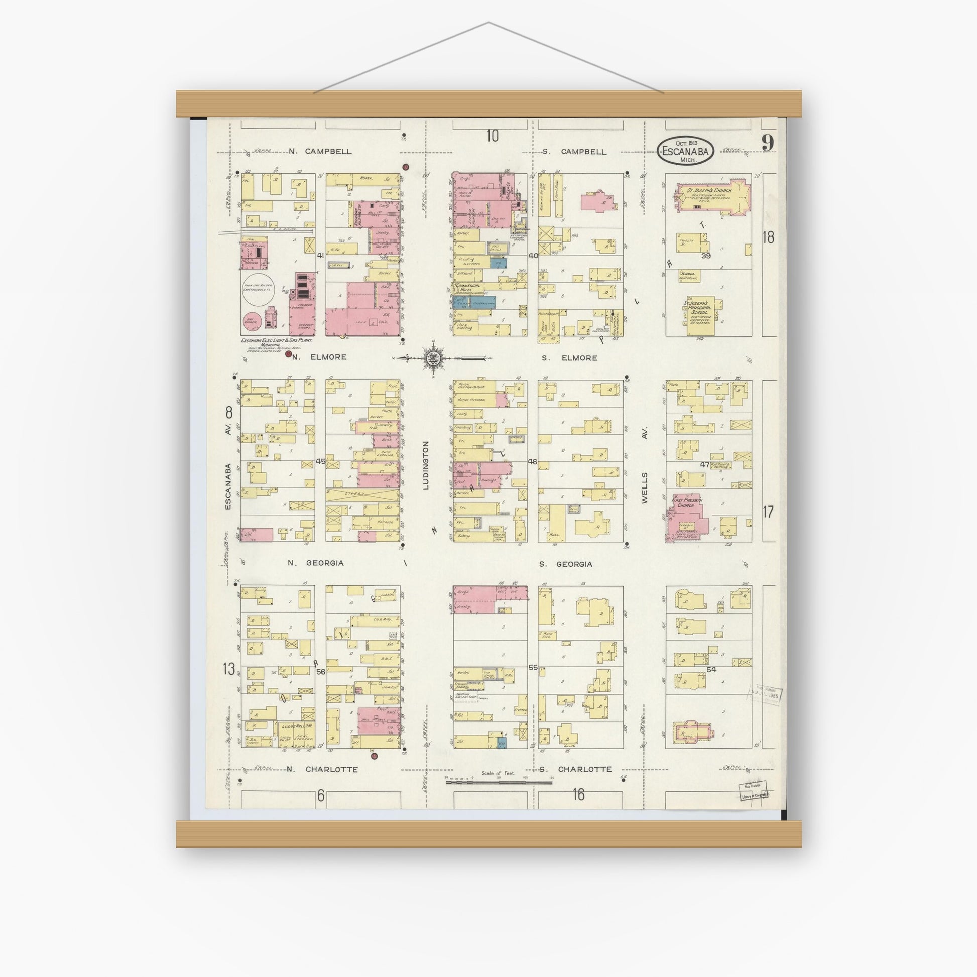 Old map wall art mockup — magnetic wood frame on white wall — Sanborn Fire Insurance Map from Escanaba, Delta County, Michigan (1913), Sheet #0009
