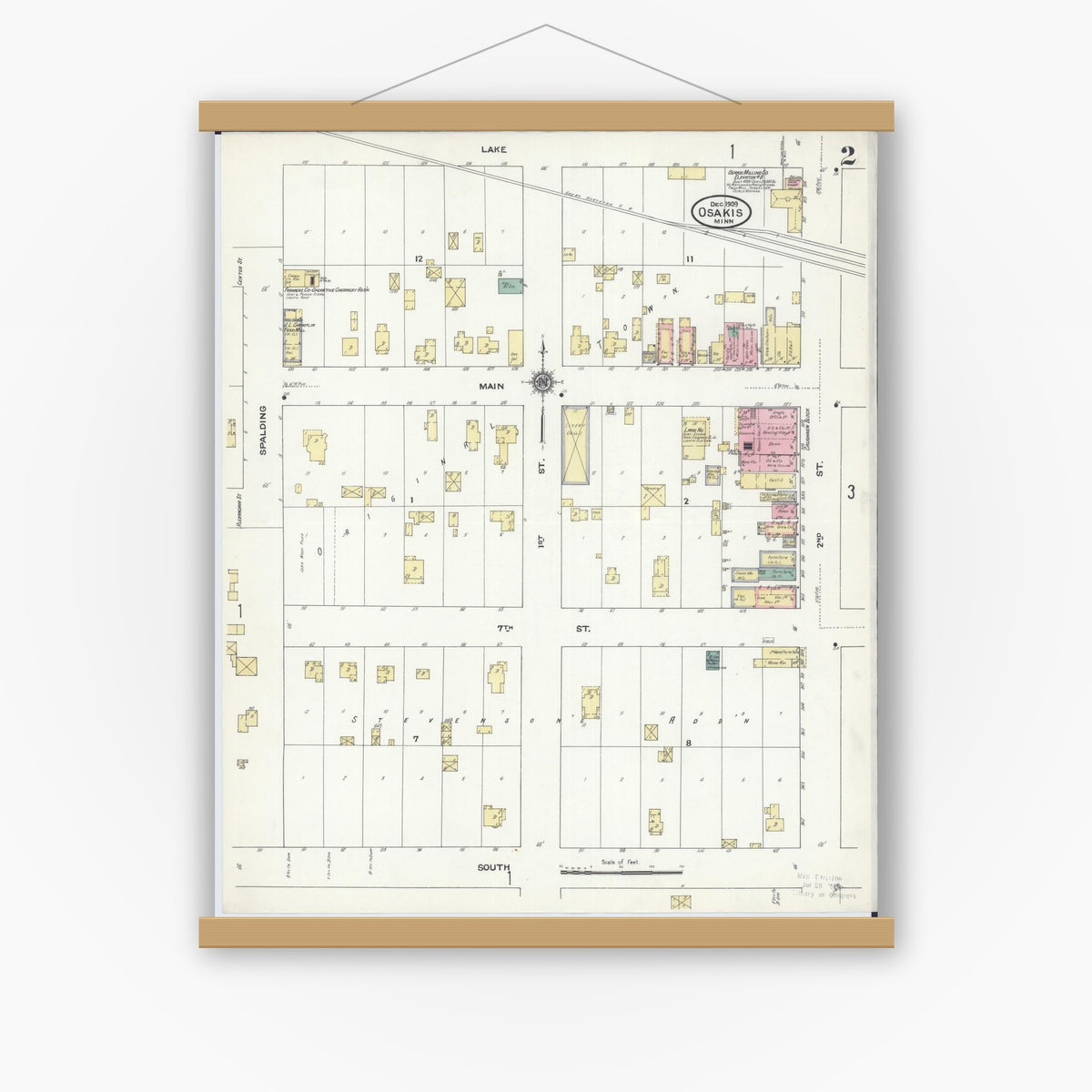 Old map wall art mockup — magnetic wood frame on white wall — Sanborn Fire Insurance Map from Osakis, Douglas and Todd Counties, Minnesota (1909), Sheet #0002
