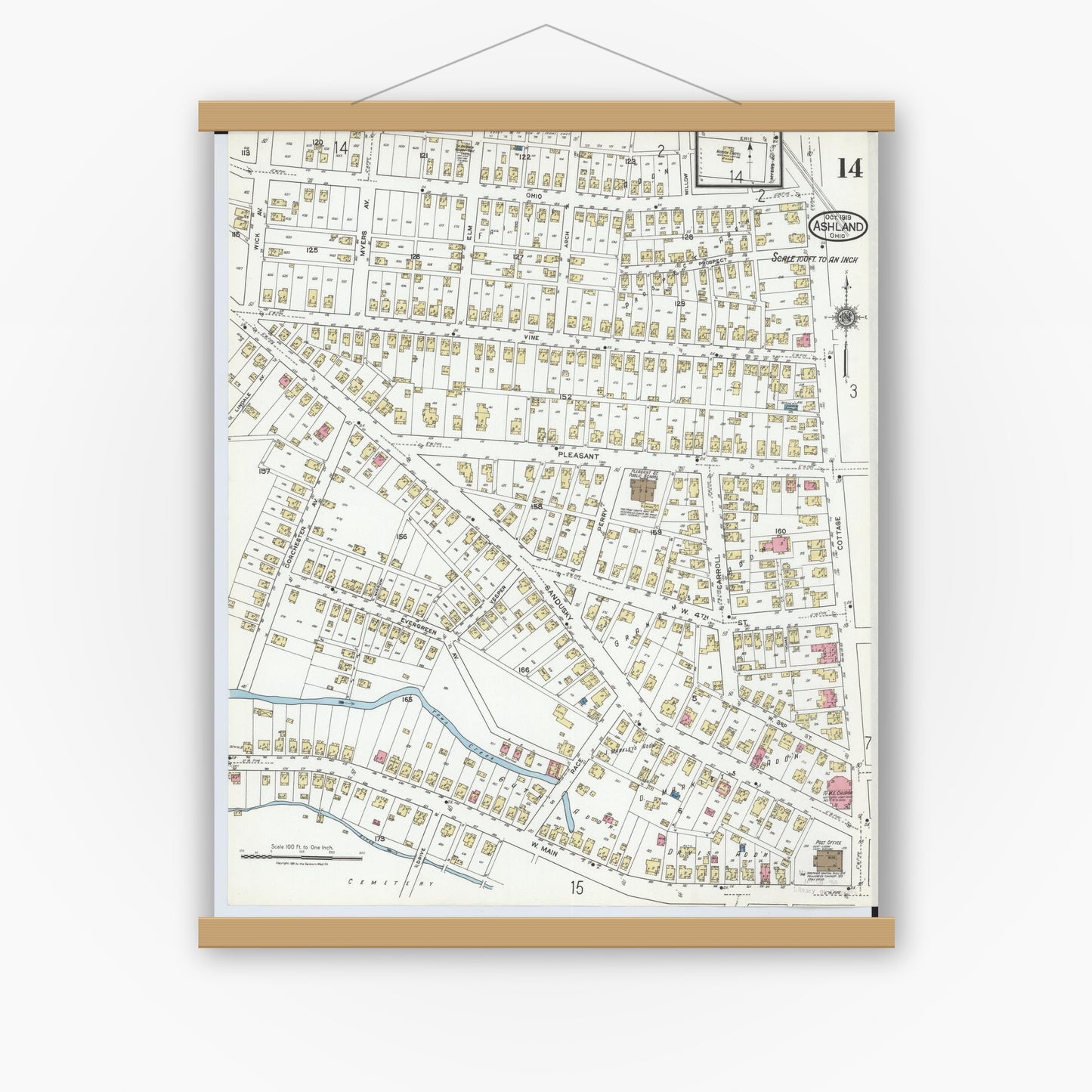 Old map wall art mockup — magnetic wood frame on white wall — Sanborn Fire Insurance Map from Ashland, Ashland County, Ohio (1919), Sheet #0014