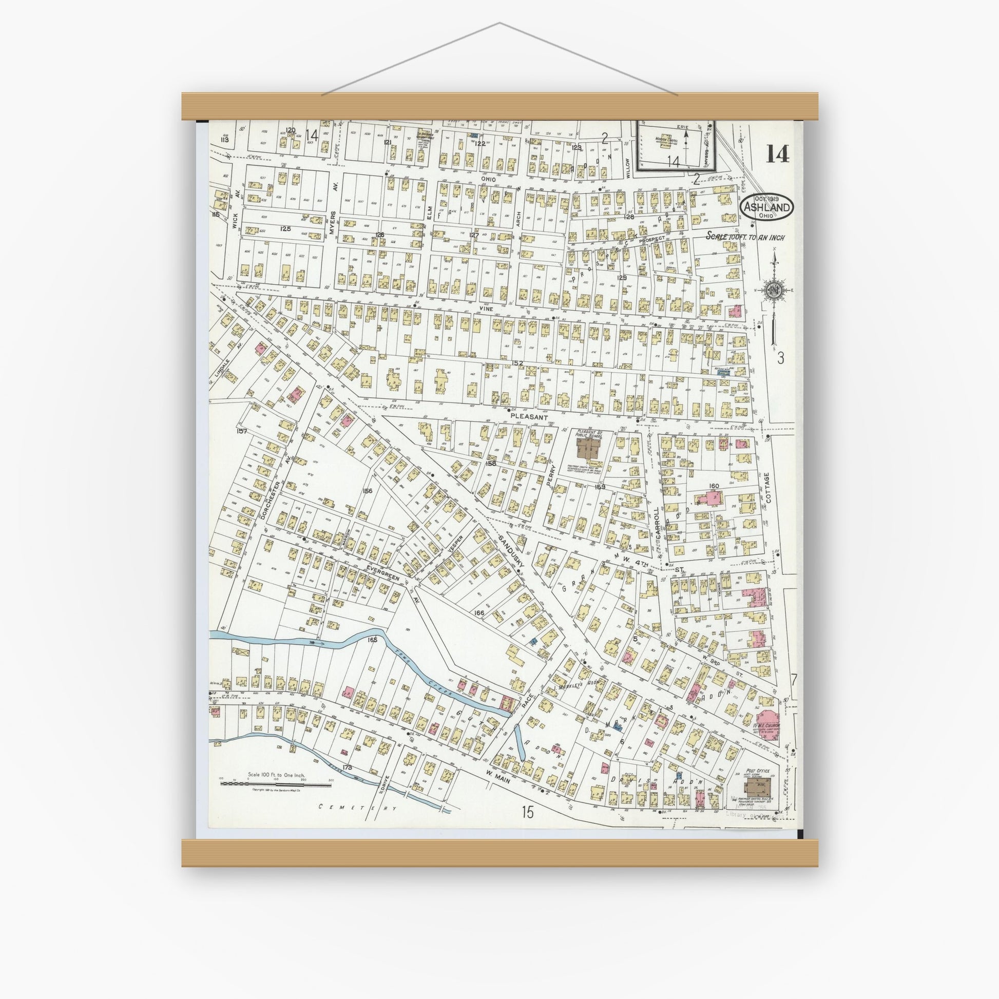 Old map wall art mockup — magnetic wood frame on white wall — Sanborn Fire Insurance Map from Ashland, Ashland County, Ohio (1919), Sheet #0014