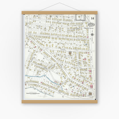Old map wall art mockup — magnetic wood frame on white wall — Sanborn Fire Insurance Map from Ashland, Ashland County, Ohio (1919), Sheet #0014