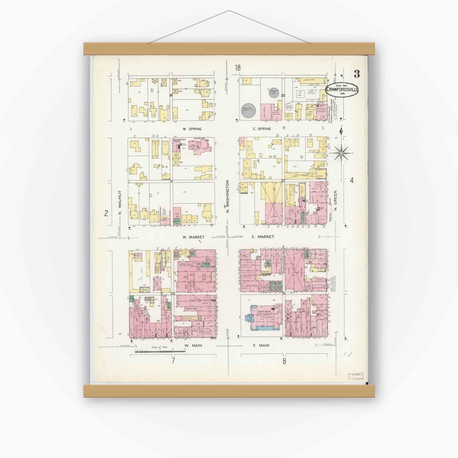 Old map wall art mockup — magnetic wood frame on white wall — Sanborn Fire Insurance Map from Crawfordsville, Montgomery County, Indiana (1907), Sheet #0003