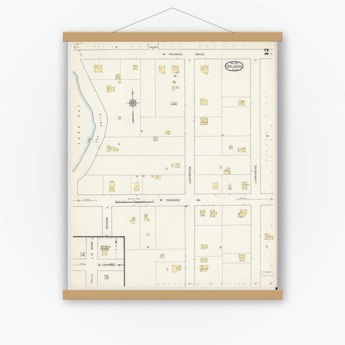 Old map wall art mockup — magnetic wood frame on white wall — Sanborn Fire Insurance Map from Orlando, Orange County, Florida (1913), Sheet #0002