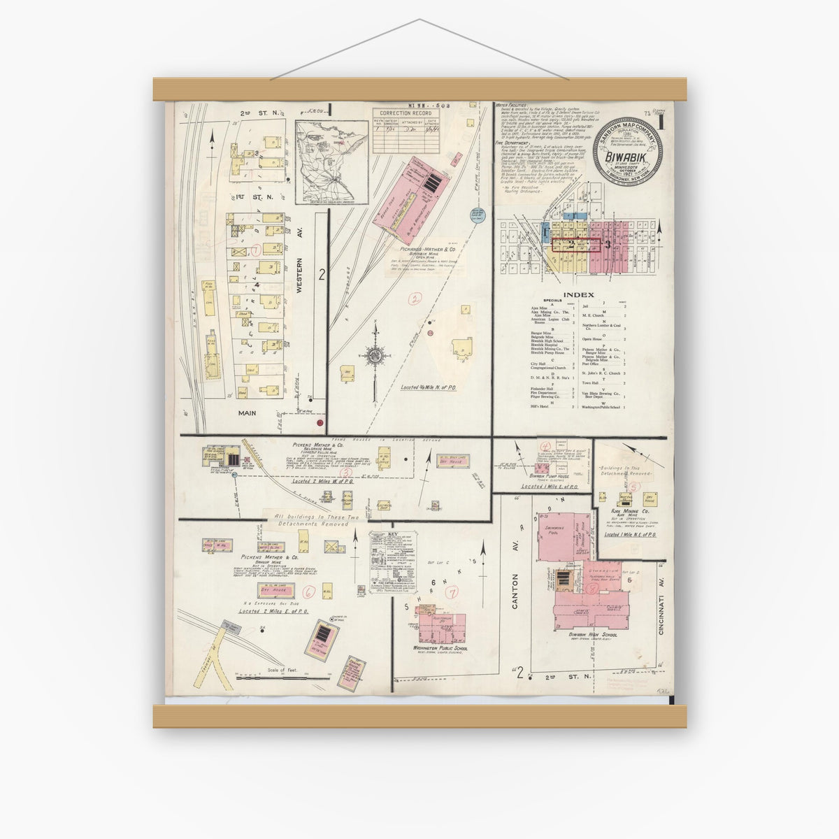 Old map wall art mockup — magnetic wood frame on white wall — Sanborn Fire Insurance Map from Biwabik, Saint Louis County, Minnesota (1936) - Complete Map Set