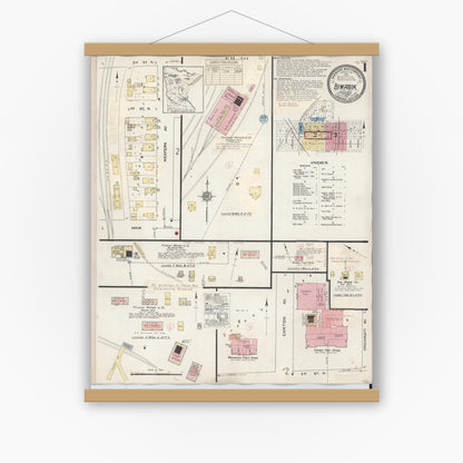 Old map wall art mockup — magnetic wood frame on white wall — Sanborn Fire Insurance Map from Biwabik, Saint Louis County, Minnesota (1936) - Complete Map Set