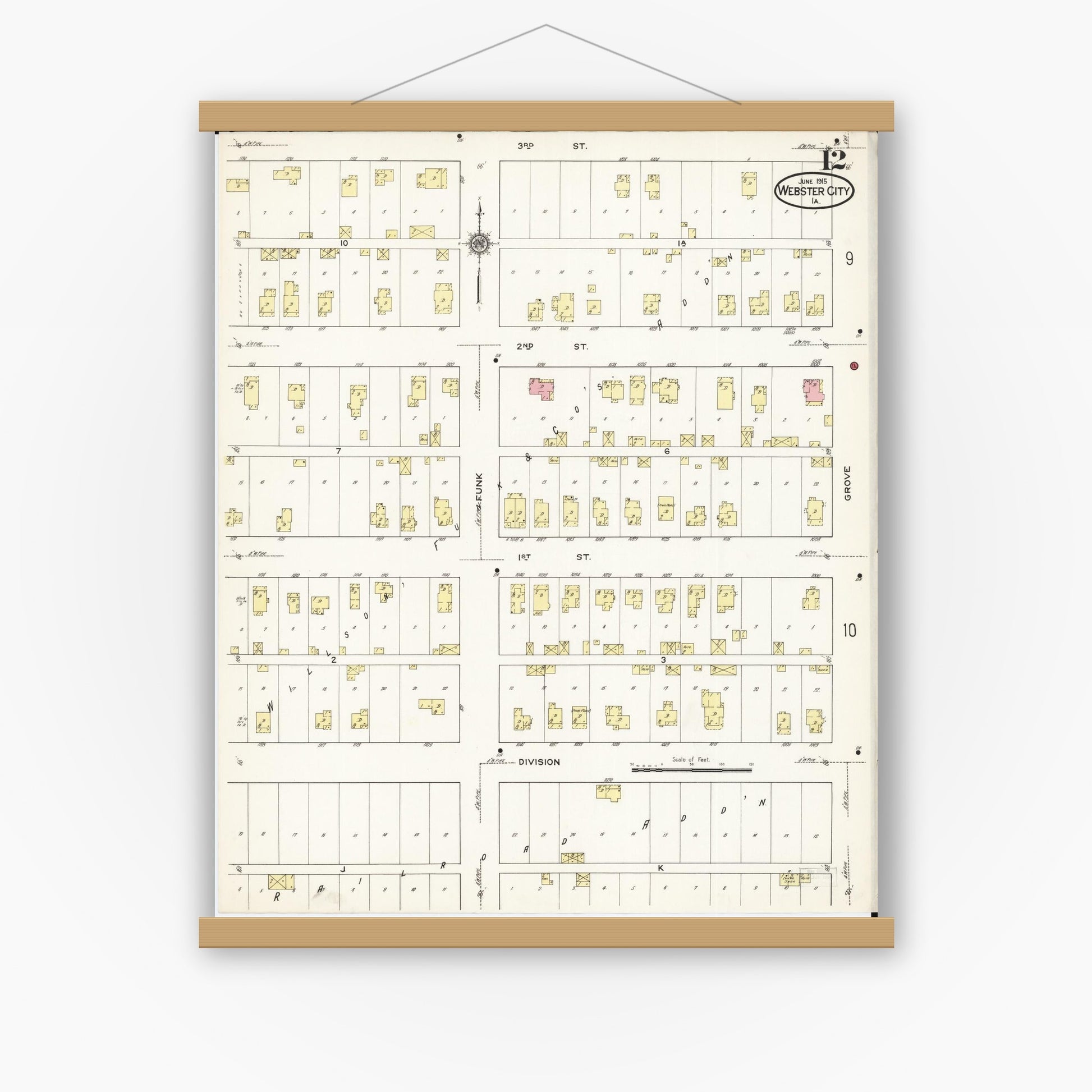 Old map wall art mockup — magnetic wood frame on white wall — Sanborn Fire Insurance Map from Webster City, Hamilton County, Iowa (1915), Sheet #0012