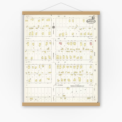 Old map wall art mockup — magnetic wood frame on white wall — Sanborn Fire Insurance Map from Webster City, Hamilton County, Iowa (1915), Sheet #0012