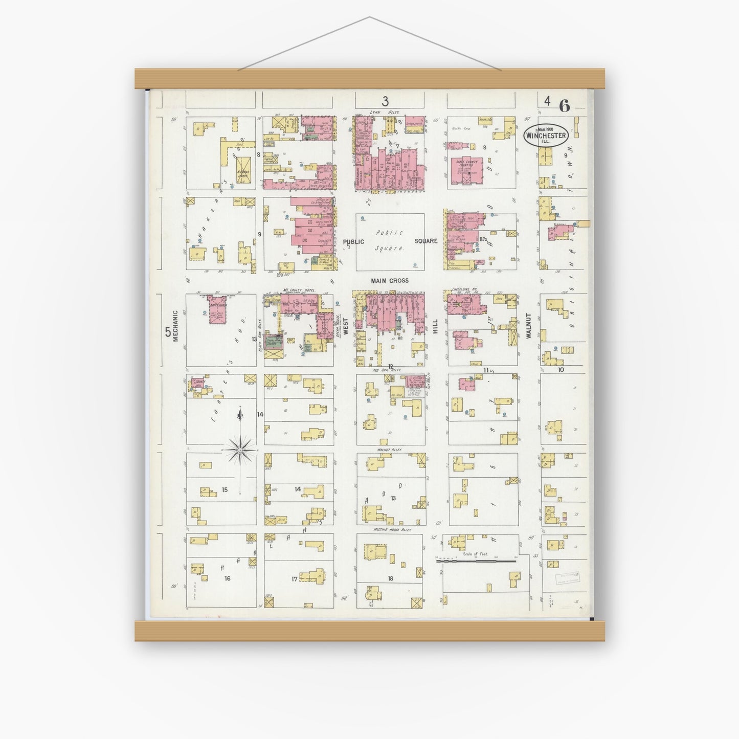 Old map wall art mockup — magnetic wood frame on white wall — Sanborn Fire Insurance Map from Winchester, Scott County, Illinois (1900), Sheet #0006