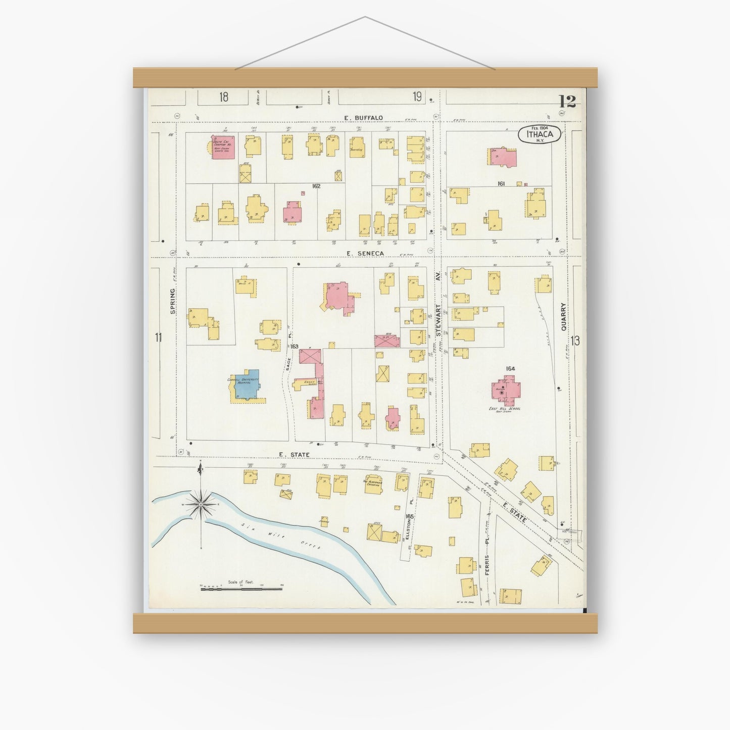Old map wall art mockup — magnetic wood frame on white wall — Sanborn Fire Insurance Map from Ithaca, Tompkins County, New York (1904), Sheet #0012