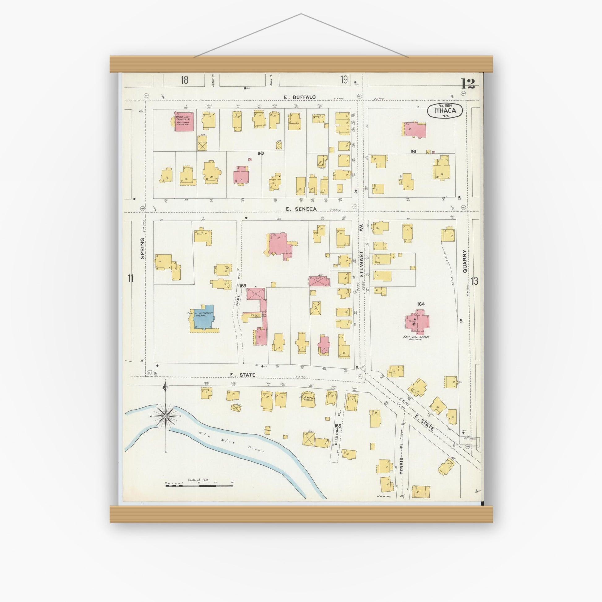 Old map wall art mockup — magnetic wood frame on white wall — Sanborn Fire Insurance Map from Ithaca, Tompkins County, New York (1904), Sheet #0012