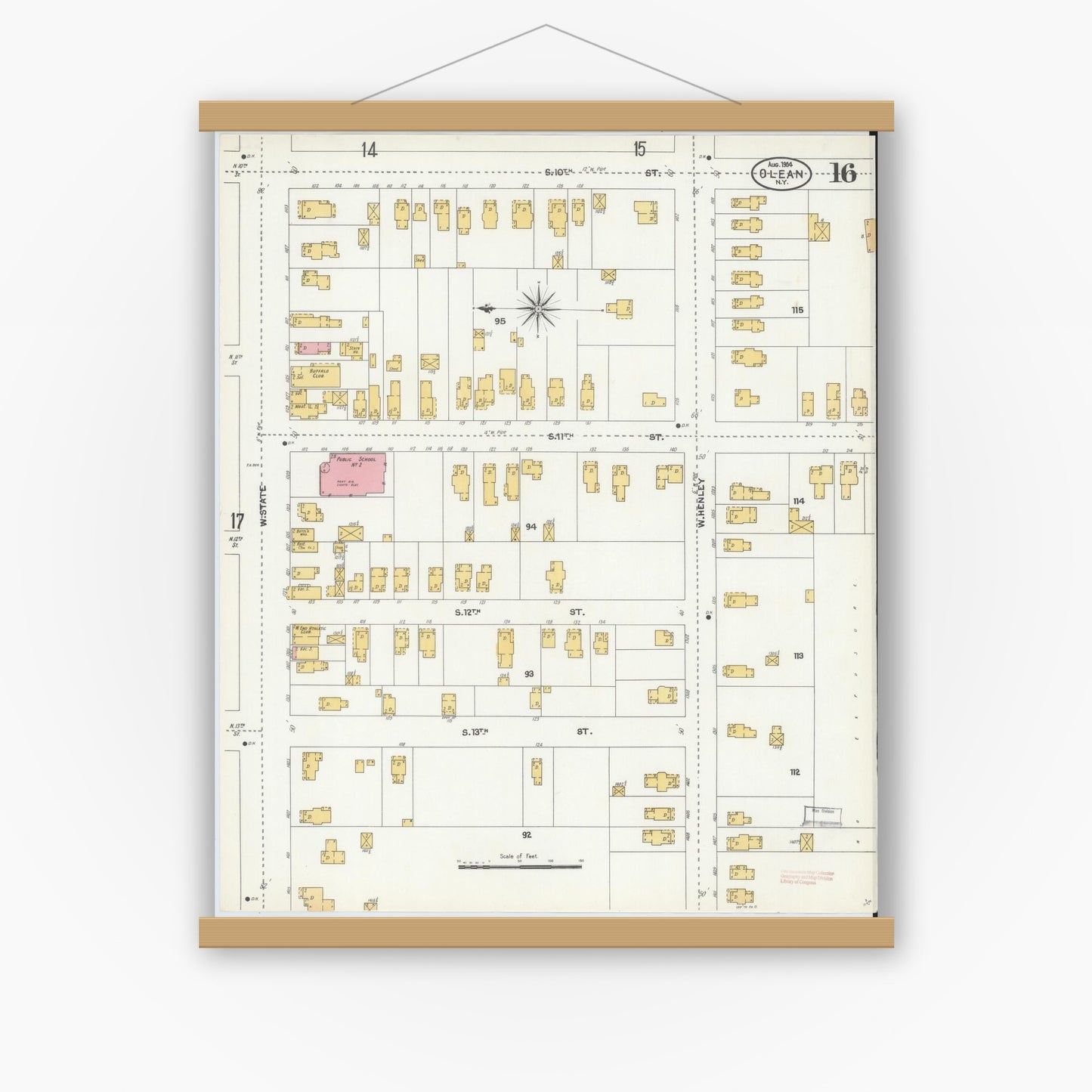Old map wall art mockup — magnetic wood frame on white wall — Sanborn Fire Insurance Map from Olean, Cattaraugus County, New York (1904), Sheet #0016