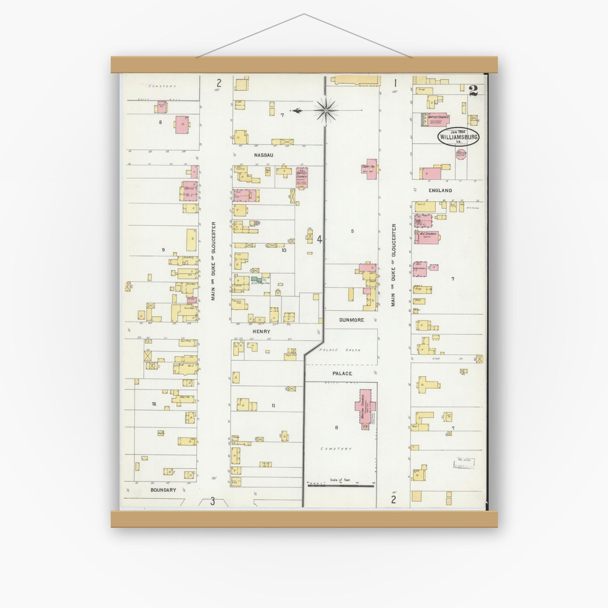 Old map wall art mockup — magnetic wood frame on white wall — Sanborn Fire Insurance Map from Williamsburg, Independent Cities, Virginia (1904), Sheet #0002