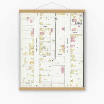 Old map wall art mockup — magnetic wood frame on white wall — Sanborn Fire Insurance Map from Williamsburg, Independent Cities, Virginia (1904), Sheet #0002