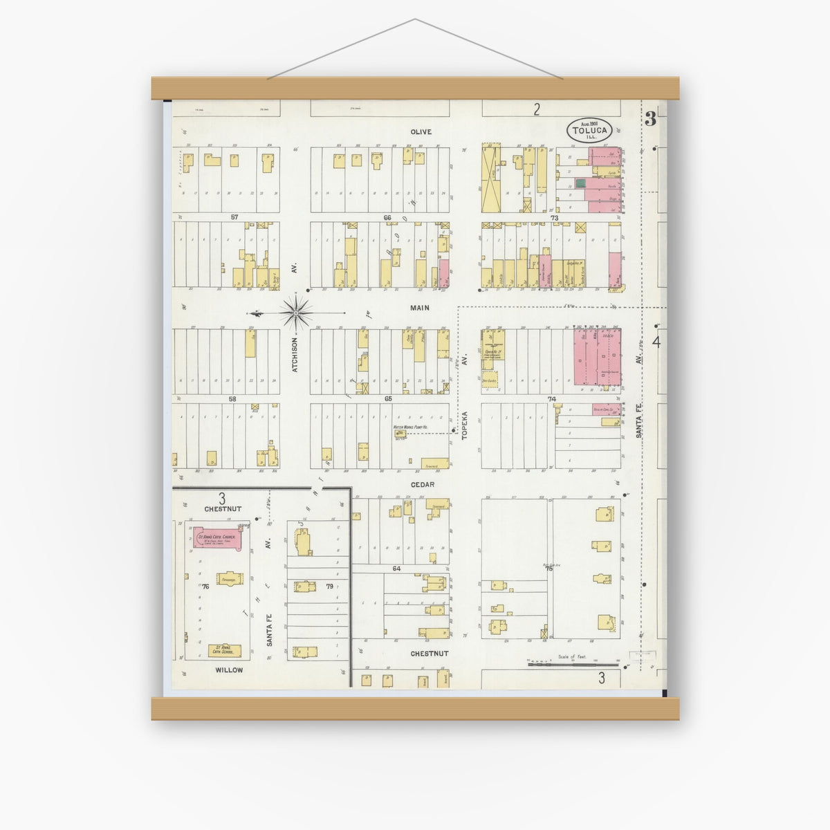 Old map wall art mockup — magnetic wood frame on white wall — Sanborn Fire Insurance Map from Toluca, Marshall County, Illinois (1901), Sheet #0003