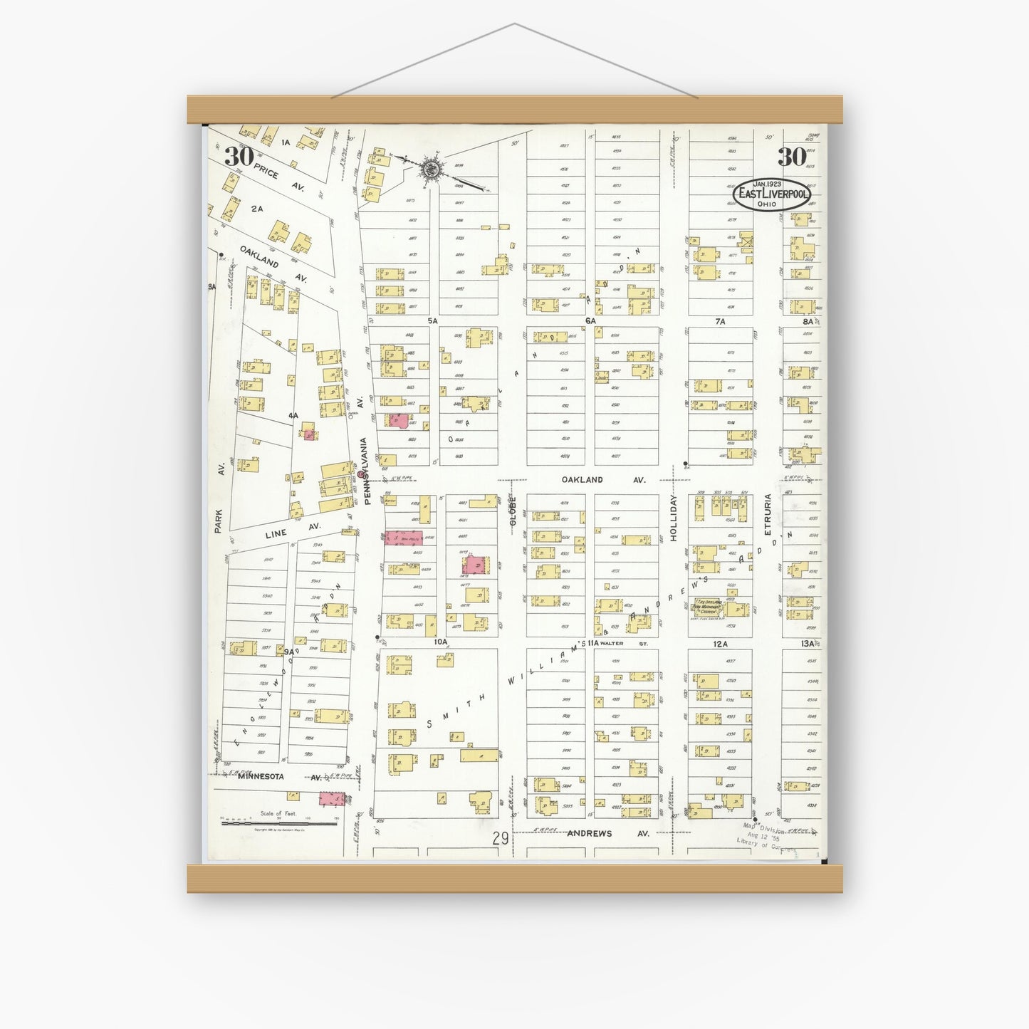 Old map wall art mockup — magnetic wood frame on white wall — Sanborn Fire Insurance Map from East Liverpool, Columbiana County, Ohio (1923), Sheet #0030