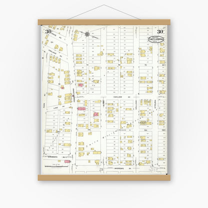 Old map wall art mockup — magnetic wood frame on white wall — Sanborn Fire Insurance Map from East Liverpool, Columbiana County, Ohio (1923), Sheet #0030
