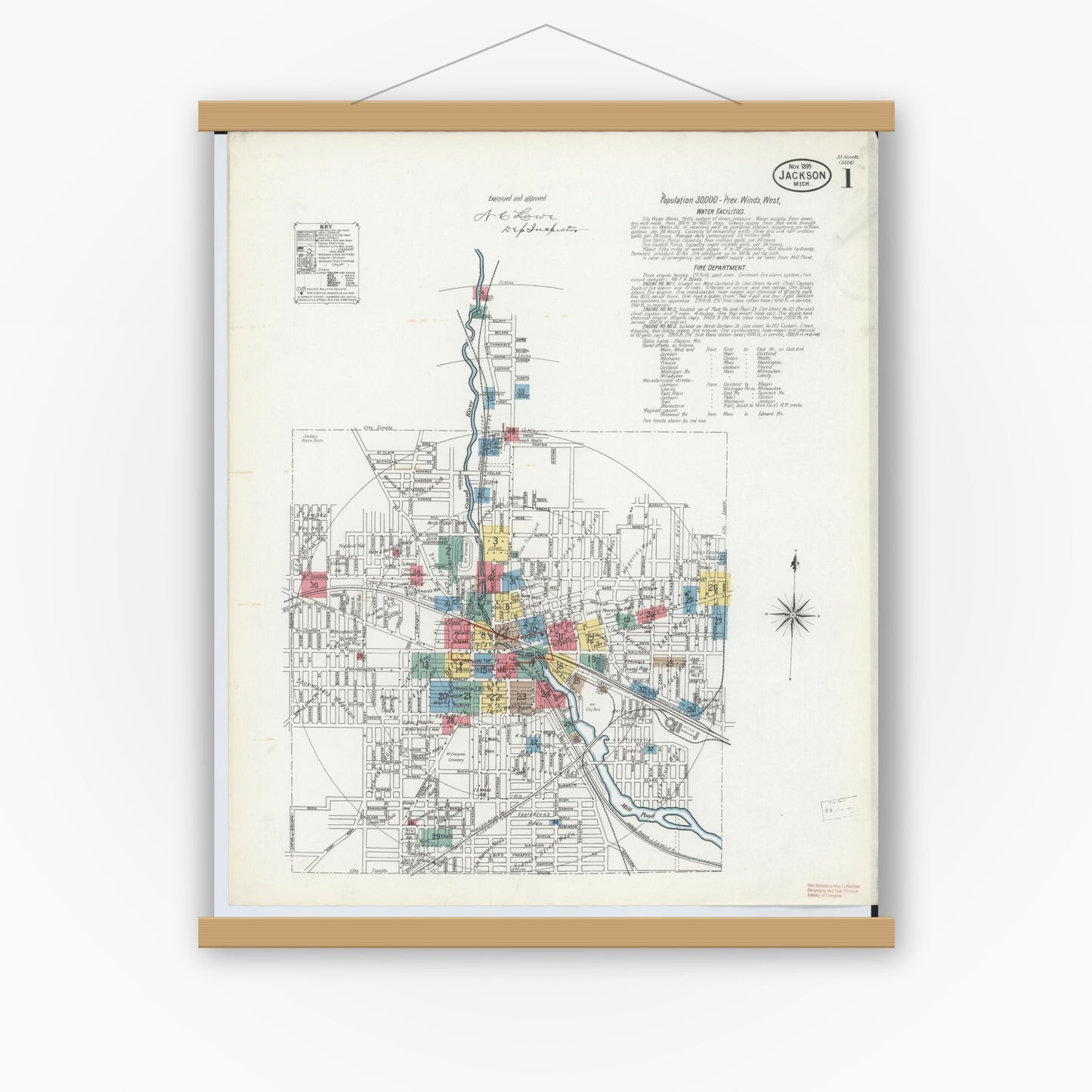 Old map wall art mockup — magnetic wood frame on white wall — Sanborn Fire Insurance Map from Jackson, Jackson County, Michigan (1899) - Complete Map Set