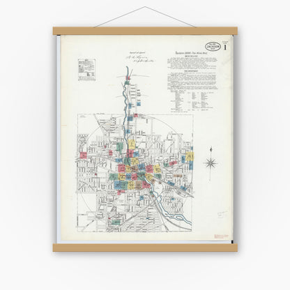 Old map wall art mockup — magnetic wood frame on white wall — Sanborn Fire Insurance Map from Jackson, Jackson County, Michigan (1899) - Complete Map Set