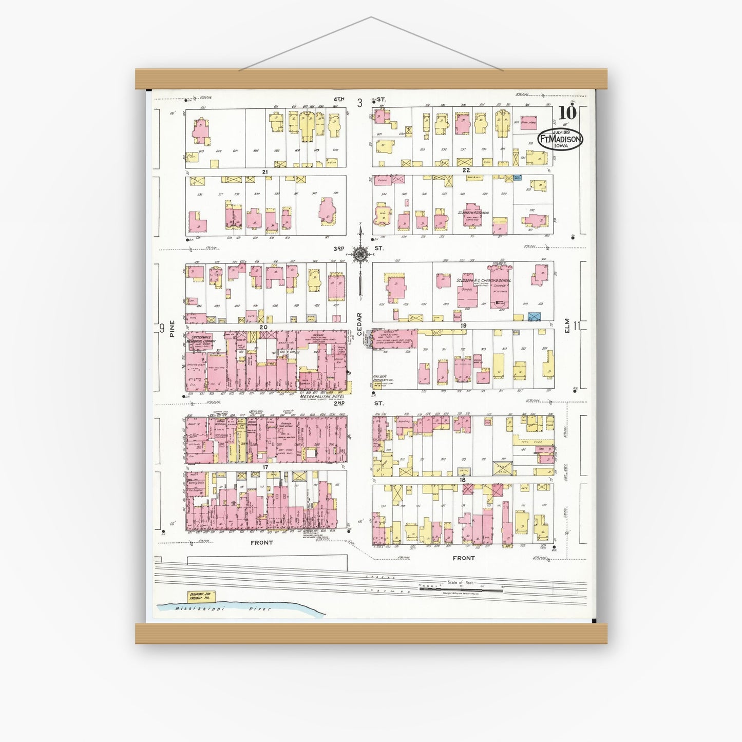Old map wall art mockup — magnetic wood frame on white wall — Sanborn Fire Insurance Map from Fort Madison, Lee County, Iowa (1919), Sheet #0010