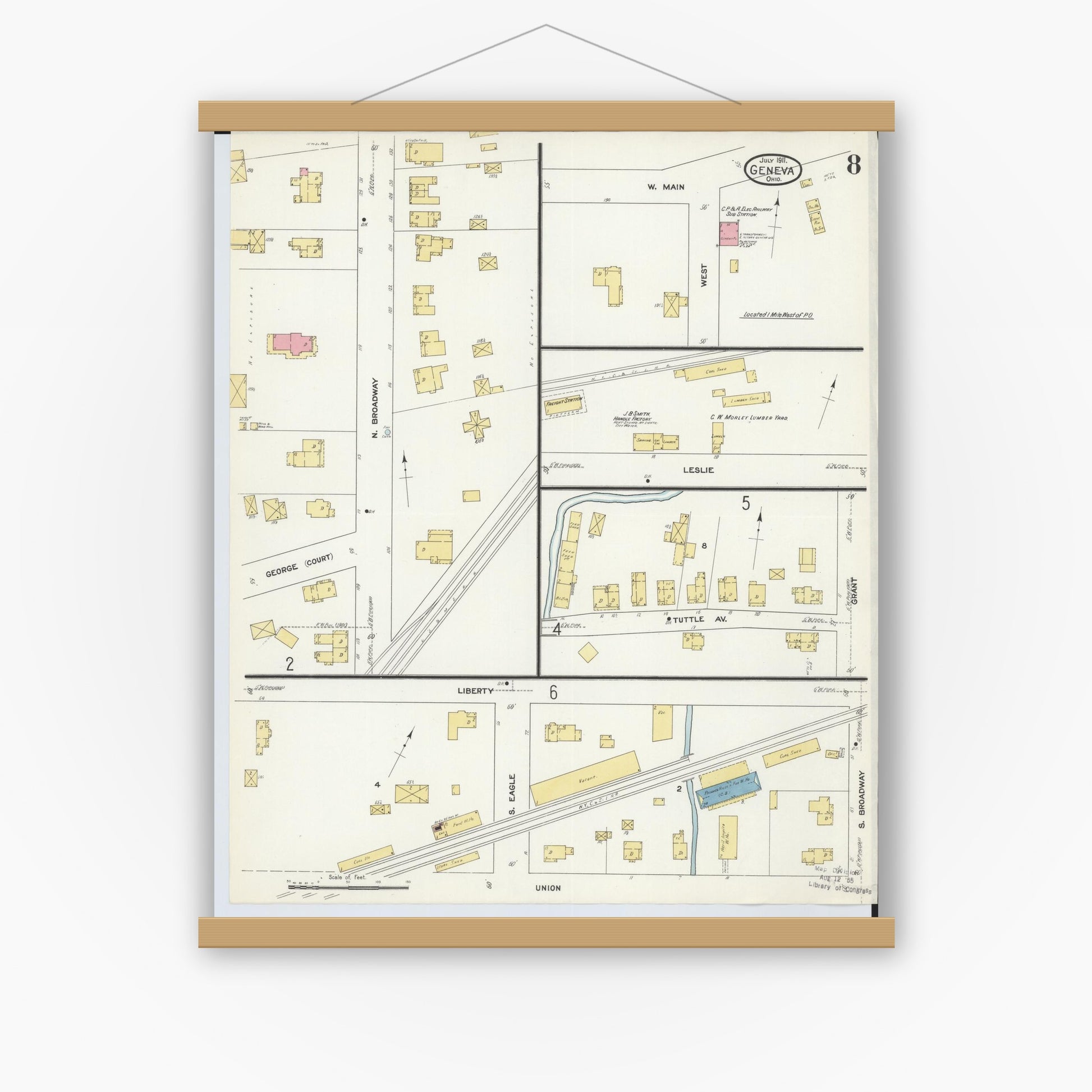Old map wall art mockup — magnetic wood frame on white wall — Sanborn Fire Insurance Map from Geneva, Ashtabula County, Ohio (1911), Sheet #0008