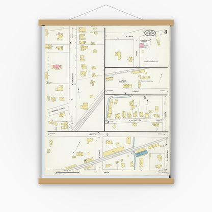 Old map wall art mockup — magnetic wood frame on white wall — Sanborn Fire Insurance Map from Geneva, Ashtabula County, Ohio (1911), Sheet #0008