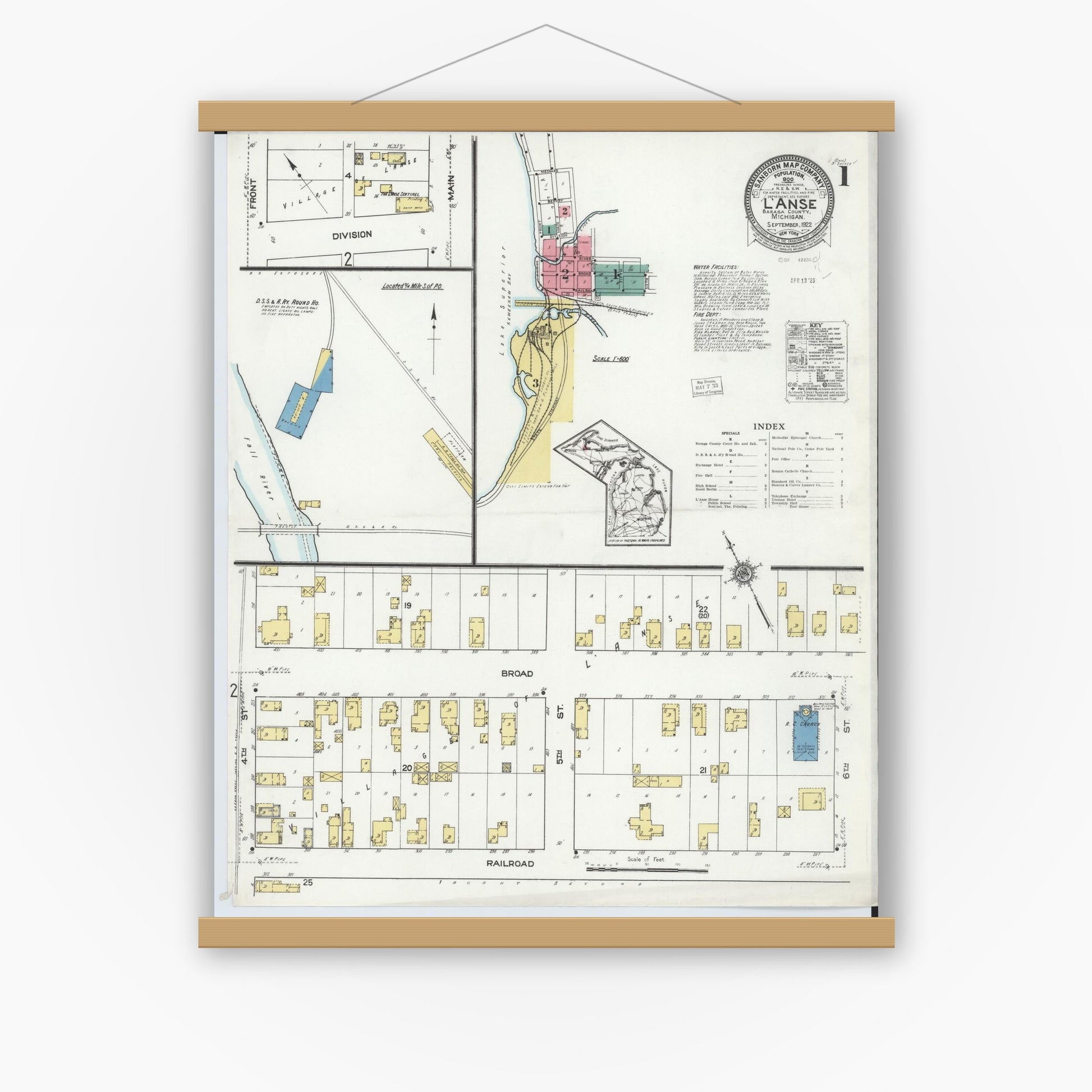 Old map wall art mockup — magnetic wood frame on white wall — Sanborn Fire Insurance Map from L'Anse, Baraga County, Michigan (1922), Sheet #0001